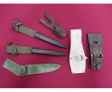 Small Selection of Bayonet Scabbards and Frogs consisting two Belgian Fn Cal apple corer bayonet blackened steel scabbards, c