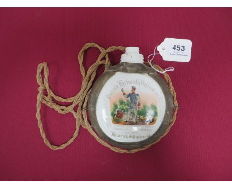 Imperial German Reserve Regiment Spirit Flask white glazed flask with transfer painted beer keller scene and Imperial soldier