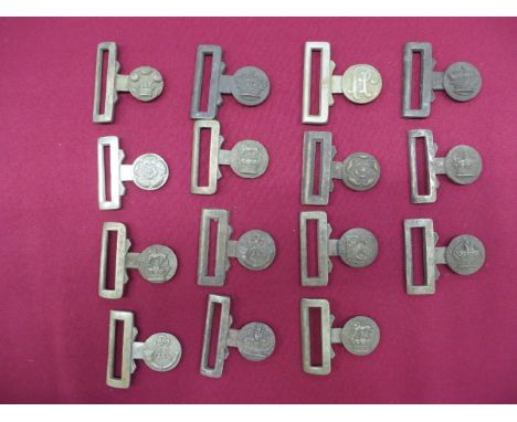 Selection of Incomplete Belt Buckles consisting cast white metal male sections of OR's belts. Centres include Vic crown ... R