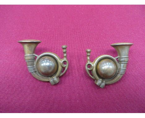 Pair of Light Infantry Bugle Collar Badges bronzed fine quality facing pair of bugle horns with central blank dome mount. Rea