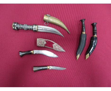 Small Selection of Decorative Knives consisting miniature Indian kukri. Single edged blade of typical form. Polished horn han