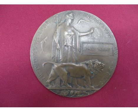 WW1 Casualty Death Plaque bronze circular plaque 'He Died For Freedom And Honour' named to 'Harry Young'