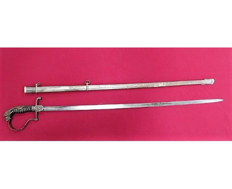 Victorian Artillery Germanic Pattern Sword 32 1/2 inch single edged slightly curved blade with narrow fuller. Etched foliage 