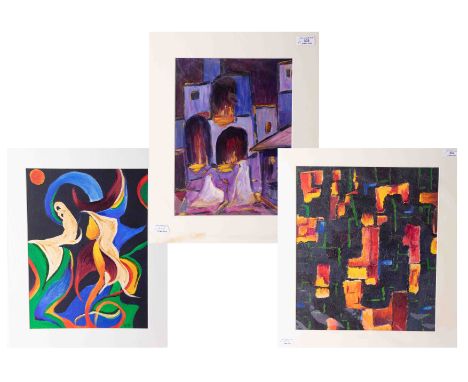 A collection of middle eastern abstract art each mounted oil on board the largest 44cm x 33cm.