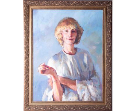 Robert Lenkiewicz, oil on canvas, 'Portrait of Shelagh Skinnard', circa 1982/3, see history on the reverse, signed, framed.