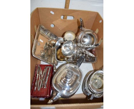 Box containing a quantity of plated wares included plated teapot by Mappin &amp; Webb 