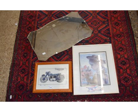 Needlework picture of a Triumph motorbike together with a reproduction impressionist print of a girl with poppies and a wall 
