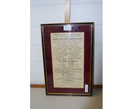 Theatre Royal, Drury Lane, play bill The Bride of Abydos, framed and glazed
