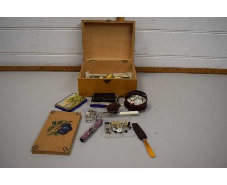 Wooden box with a quantity of assorted sewing tools, buttons and other items