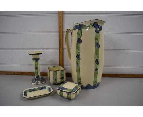 Royal Doulton dressing table set with jug, candlestick, small box and cover, all decorated in Art Deco style, pattern number 