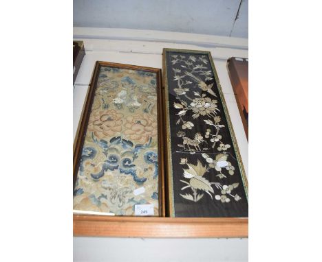 Framed section of vintage embroidery together with a similar item