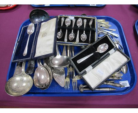 A Victorian Hallmarked Silver Spoon, in a fitted case (for a spoon and fork / lacking fork), a cased set of plated teaspoons,
