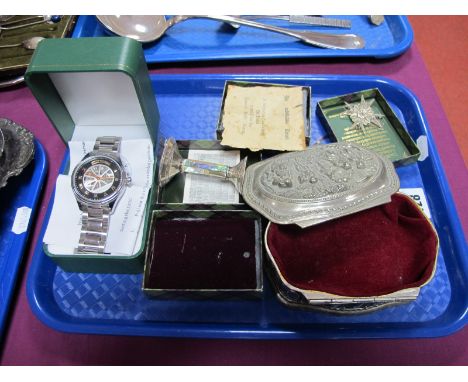 A Filigree Cross Brooch/Pendant, an owl brooch (stamped "925"), trinket box (hinge damaged); a miniature hallmarked silver an