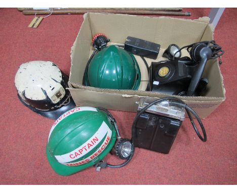 Mining Ephemera. White Topped Light Type Helmet Mines Rescue , circa 1930's / 40's. Two later in green. Oldham Type 'T' Megal