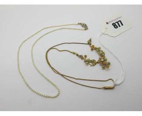 An Edwardian Seed Pearl Set Necklace, of flowerhead and leaf design, to fine chain (clasp indistinctly stamped); together wit