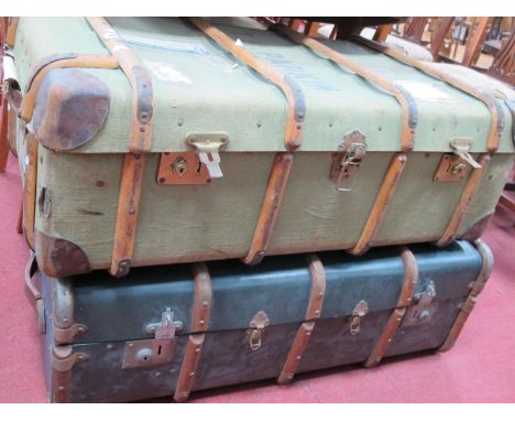 Daniel Neal of London Wood Bound Hessian Travelling Trunk, with inner tray, leather mounts and handles, 94cm wide; another si