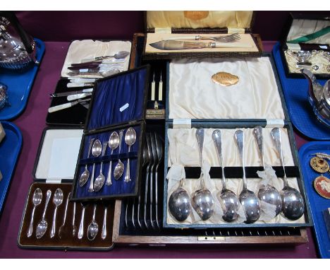 A Six Setting Canteen of Plated Cutlery, in original fitted wooden canteen case; together with cased mother of pearl handled 