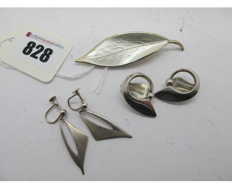 David Andersen; A Norwegian Enamel Leaf Brooch, highlighted in white, stamped "D-A 925S" "Norway Sterling"; together with a p