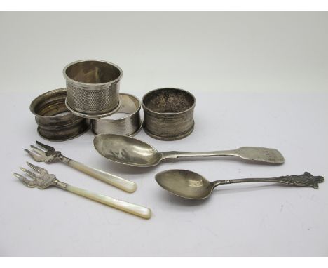 Four Hallmarked Silver Napkin Rings, two mother of pearl handled forks, a hallmarked silver Fiddle pattern spoon, etc (damage