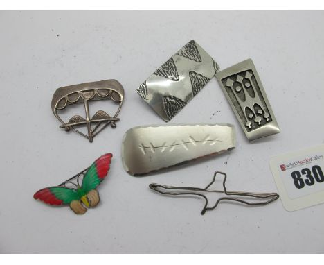 Ola Gorie; A Scottish Hallmarked Silver Brooch, of stylised Viking Ship design; an enamel butterfly brooch ("OXO 925S"); an o