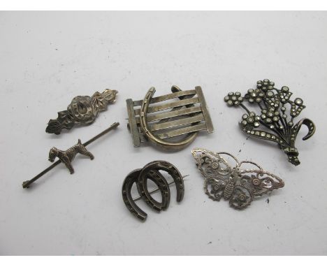 Horseshoe and Gate Brooch, marcasite set brooch, hallmarked silver butterfly brooch, etc. (6)