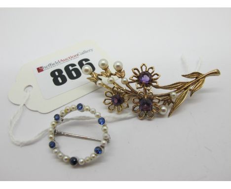 A Pearl Set Floral Spray Brooch, with claw set highlights; a seed pearl set circlet brooch, with collet set highlights. (2)