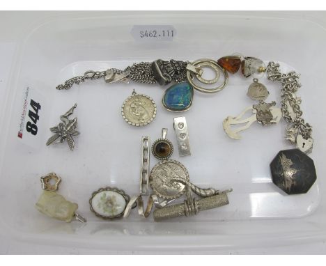 925 and Other Pendants, SIAM brooch, black opal set panel pendant (doublet?) on chain, etc.