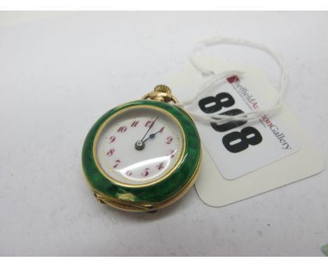 A c. Early XX Century Diamond Set Ladies Fob Watch, the white enamel dial with red Arabic numerals, within green enamel case 