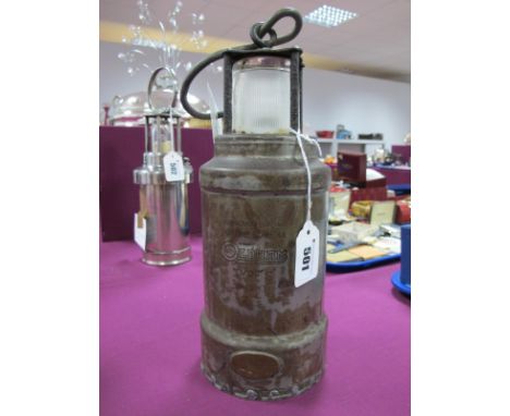 Oldham Type S Miners Lamp, circa 1934, 'Lancs C.C.' to brass oval plaque, 29cm high with suspension hook down.