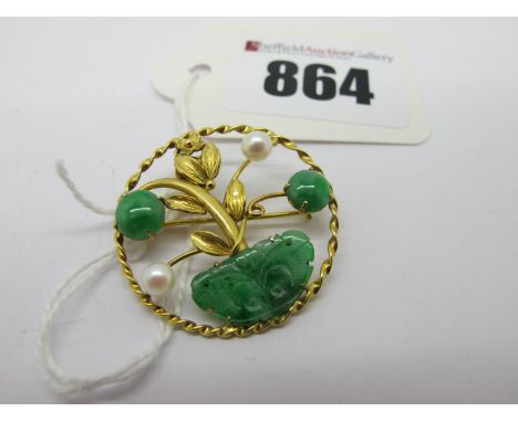 A Pearl and Jade Coloured Set Pendant/Brooch, of openwork design, claw set, within circular twisted frame (suspension loop st