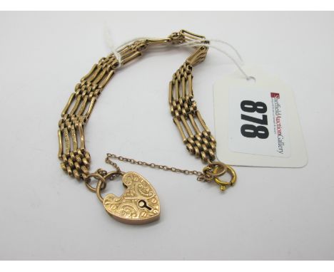 A Gate Link Style Bracelet, of semi-textured finish, to a 9ct gold heart shape padlock clasp.