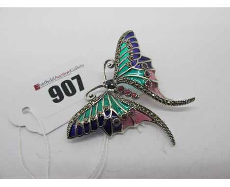 A Modern Art Nouveau Style Marcasite Set Butterfly Pendant/Brooch, with cabochon set highlights and enamel wings, stamped "92