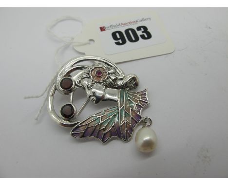 A Modern Art Nouveau Style Openwork Pendant/Brooch, depicting female profile, with rub over set highlights, suspending pearl 