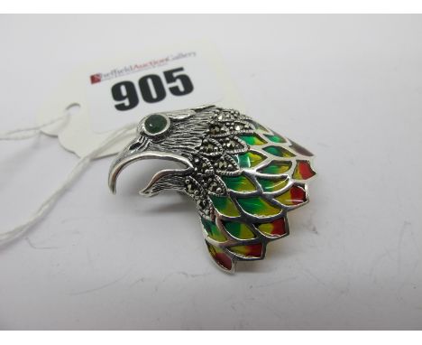 A Modern Marcasite and Enamel Eagle Head Pendant/Brooch, with inset eye, stamped "925".