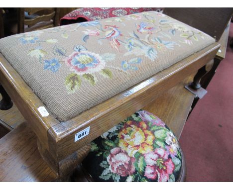 A Rectangular Top Foot Stool, detailed with birds, overall width 71cm; together with a circular tapestry top foot stool on th