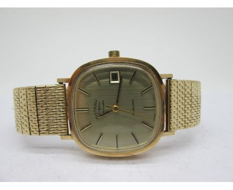 Rotary; A 9ct Gold Cased Automatic Gent's Wristwatch, the cushion shape dial with line markers, date aperture and centre seco