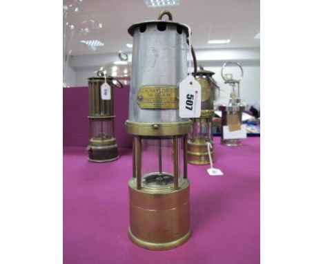 Naylor of Wigan Miners Lamp, circa 1930, with makers name and number '816' stamped to deep brass base, 26.8cm high with suspe