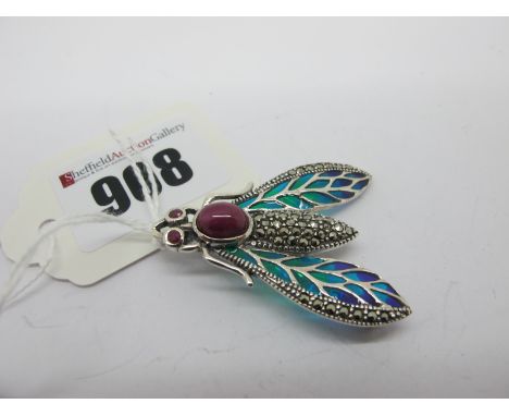 A Modern Art Nouveau Style Marcasite Set Insect Pendant/Brooch, with oval cabochon set body, between enamel set wings, indist