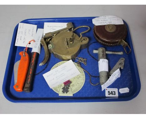 Mining Ephemera. Swan Neck Lamp, NCB Chisel, NCB Feeler Gauge, Clasp Knife, Chesterman Tape, Power Box Key, etc:- One Tray