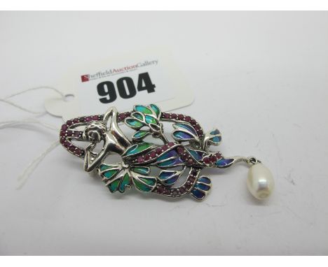 A Modern Ruby Set Pendant/Brooch, highlighted in enamel, suspending pearl drop.