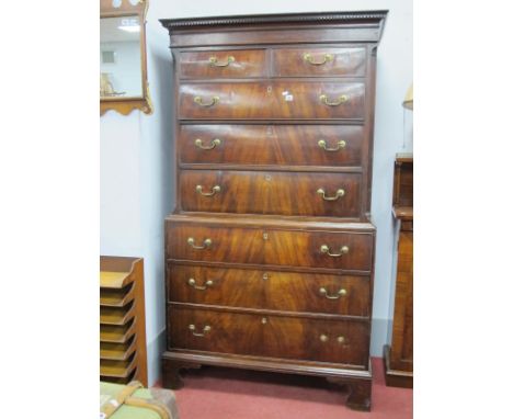 A Georgian Period Mahogany Chest on Chest, with dentil cornice, two short and three long graduated drawers to upper section, 