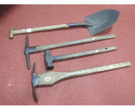 Mining Tools. Sheffield Made Pick Axe, 81cm long, Shovel, Hammer featuring owners initials and one other. (4)