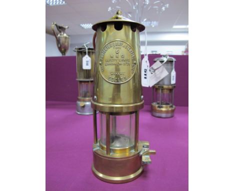 Protector Lamp &amp; Lighting, Eccles, Type 6 M&amp;Q, Miners Lamp, all over brass, circa 1959, 24.5cm high with suspension h