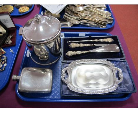 Shoe Horn/ Button Hook/ File Set, handles stamped "Sterling", in a fitted case; a plated caddy with lion mask and ring handle