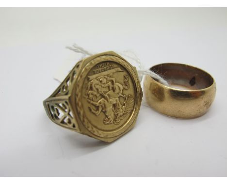 An Imitation Coin Ring, stamped "375", (finger size X); together with a wide plain band (approximate finger size U). (2)