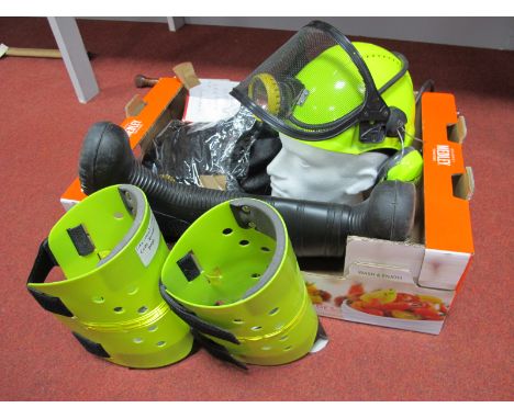 Luminous Green Mining Helmet and Peltor Ear Protectors, E.S. Shinpads, British Coal 'Suretred' Boots, NCB size 6 Leather Boot