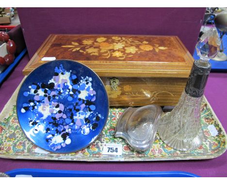 A Dressing Table Scent Bottle, with stoppers; an early XX Century ladies purse (lacking handle), an enamelled dish and an dec