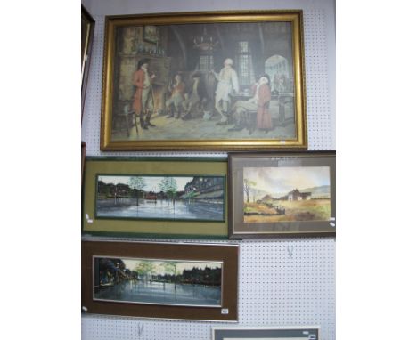 Parisian Street Scenes, pair of oils on board, circa 1970's, one monogrammed 'LF', 19 x 60cm; Elsie Richardson, Farmhouse in 