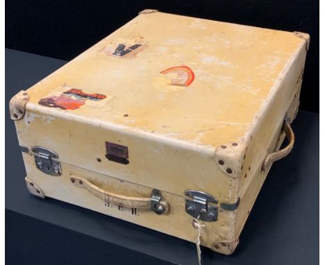 A cream rawhide travelling trunk, wardrobe case, The Taycall, retailed Manson, Swan and Morean LTD, monogrammed EHE, 61cm x 4