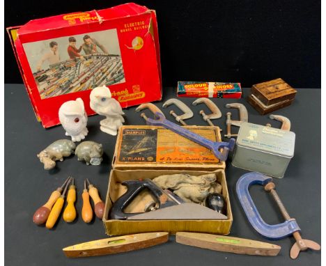 Tools &amp; Toys - a Marples X smoothing Plane, boxed;  clamps; spirit levels;  Hornby OO gauge RS 6 train set;  carved stone